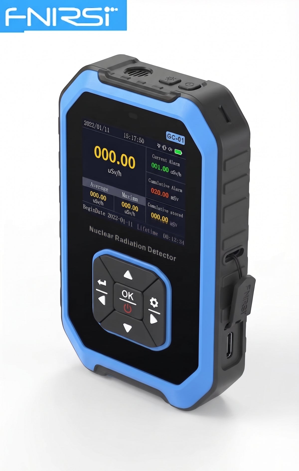 A handheld nuclear radiation detector with a rugged black and blue casing, featuring a digital LCD screen displaying readings, set against a plain white background with a brand logo 'FNIRSI' in the top left corner.