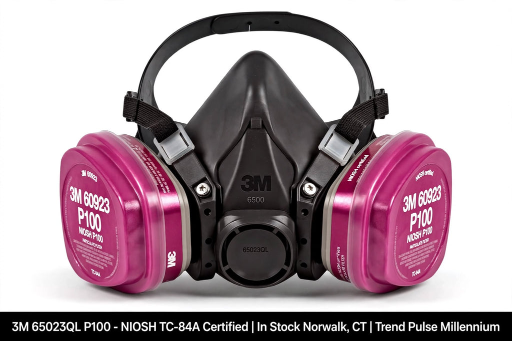 A 3M 65023 P100 dual-cartridge respirator mask in black with bright pink filter canisters, shown on a white background with a black text banner at the bottom.