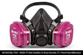 A 3M 65023 P100 dual-cartridge respirator mask in black with bright pink filter canisters, shown on a white background with a black text banner at the bottom.