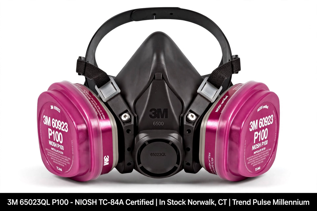 A 3M 65023 P100 dual-cartridge respirator mask in black with bright pink filter canisters, shown on a white background with a black text banner at the bottom.
