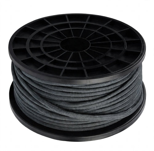 A spool of black braided cable or cord, wound tightly on a black plastic reel, shown against a plain white background.