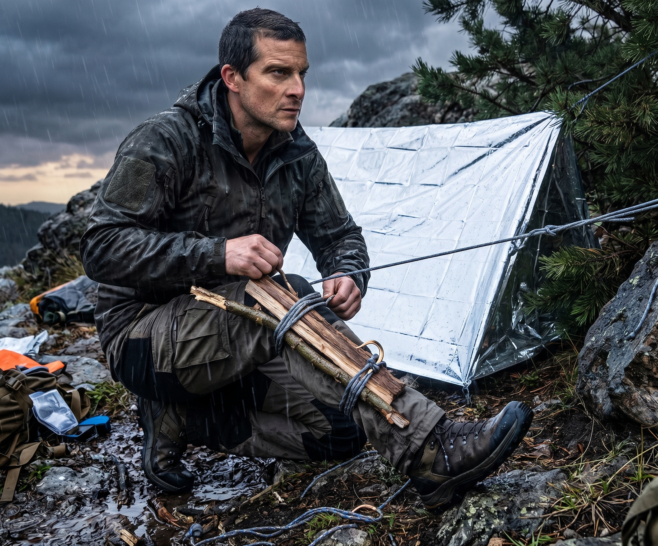 A man in a wet camouflage jacket crouches outdoors in the rain next to a silver emergency shelter, holding a bundle of wood and rope. The scene is set in a rugged, rocky mountain environment with stormy clouds overhead.