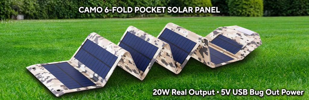 Four camouflage solar panels arranged in a zigzag on a green lawn, with text reading 'CAMO 6-FOLD POCKET SOLAR PANEL' at the top and '20W Real Output • 5V USB Bug Out Power' at the bottom.