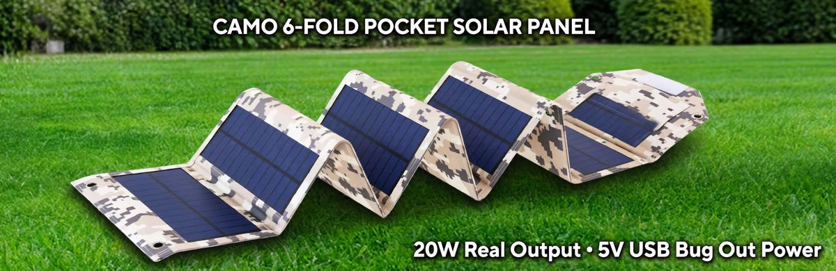 Four camouflage solar panels arranged in a zigzag on a green lawn, with text reading 'CAMO 6-FOLD POCKET SOLAR PANEL' at the top and '20W Real Output • 5V USB Bug Out Power' at the bottom.