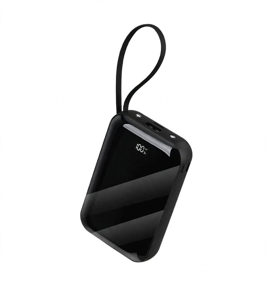 A black rectangular portable power bank with rounded corners, a black wrist strap, and a small digital battery percentage display showing 100%, set against a plain white background.
