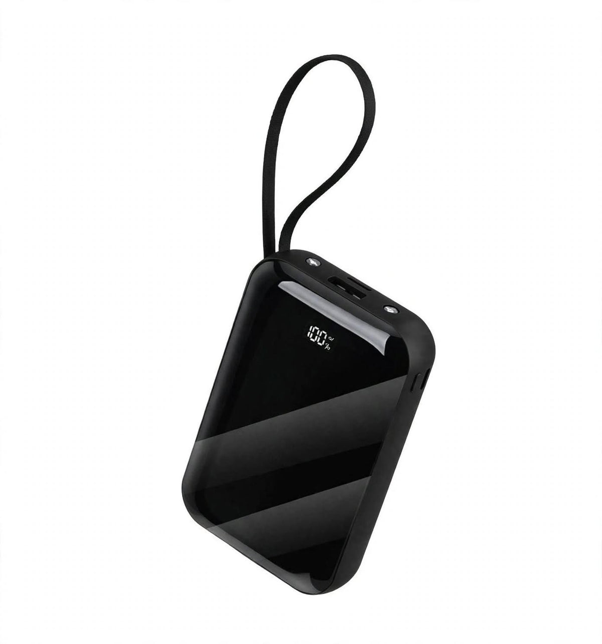 A black rectangular portable power bank with rounded corners, a black wrist strap, and a small digital battery percentage display showing 100%, set against a plain white background.