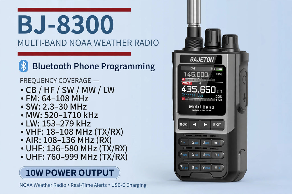 BAJETON BJ-8300 multi-band NOAA weather radio shown on a light blue background with product specs and Bluetooth phone programming text. The handheld device is black and gray with a digital display and keypad.
