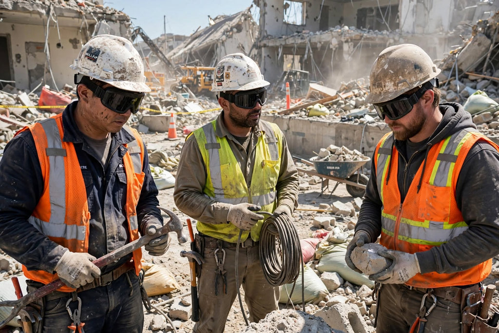 Three construction workers wearing hard hats, safety glasses, and high-visibility orange and yellow vests stand amidst rubble and debris after a demolition or disaster site, with a wheelbarrow and damaged buildings in the background.