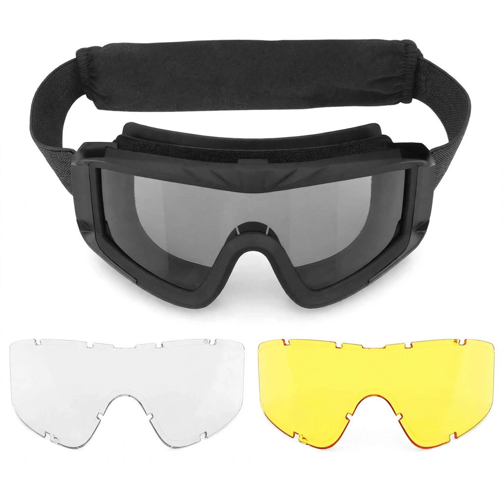 Black sports goggles with a padded head strap, shown with two interchangeable lens filters: one clear and one yellow-tinted, on a white background.