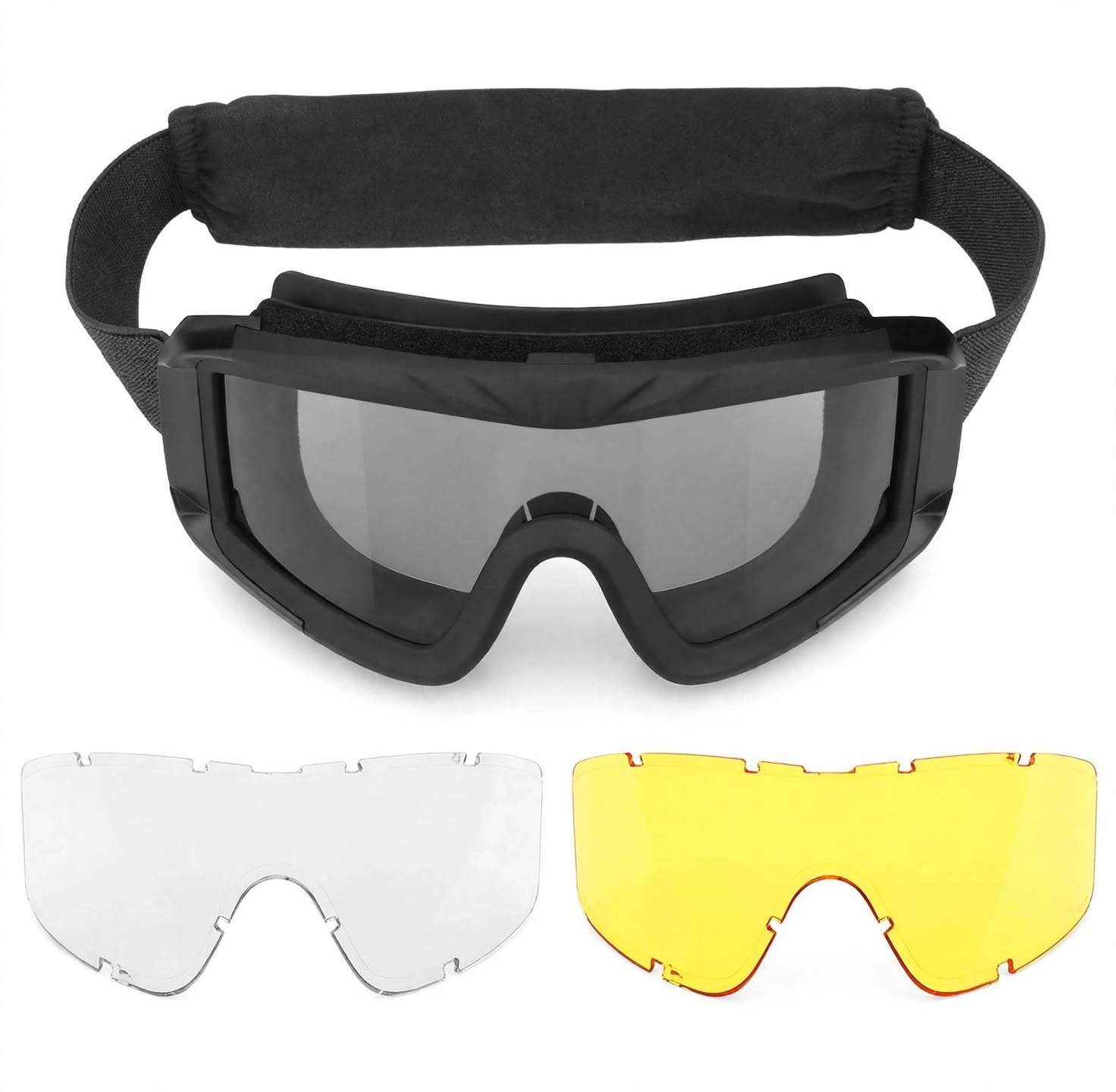 Black sports goggles with a padded head strap, shown with two interchangeable lens filters: one clear and one yellow-tinted, on a white background.