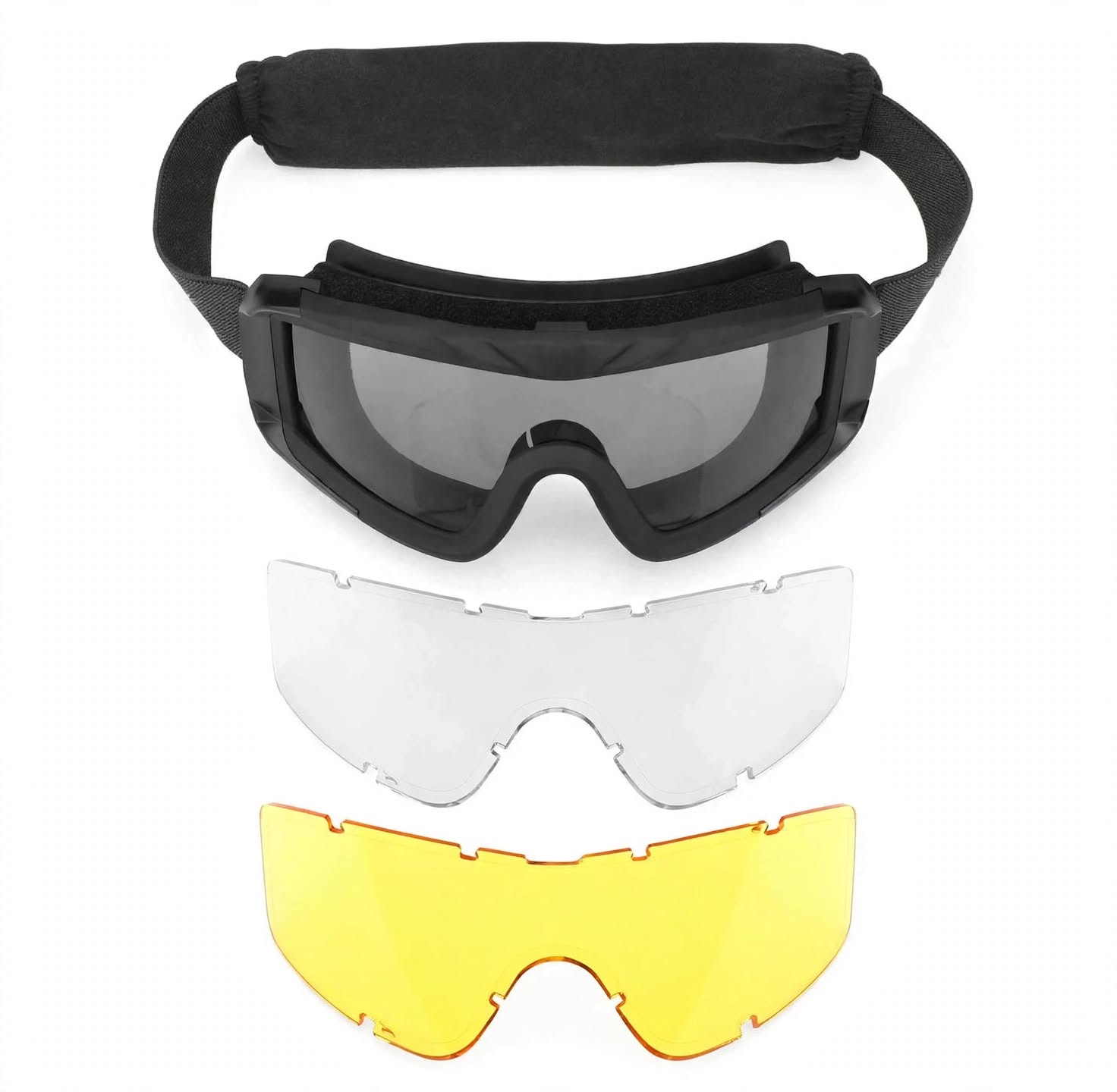 Black sports goggles with a padded head strap, shown with two interchangeable replacement lenses in clear and yellow.