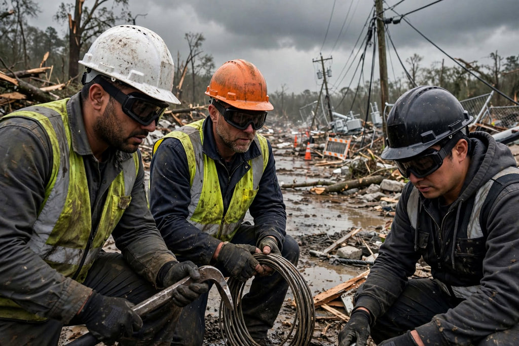 Three emergency workers wearing hard hats, safety glasses, and high-visibility vests crouch among debris under an overcast sky, handling coiled cable in a damaged outdoor area.