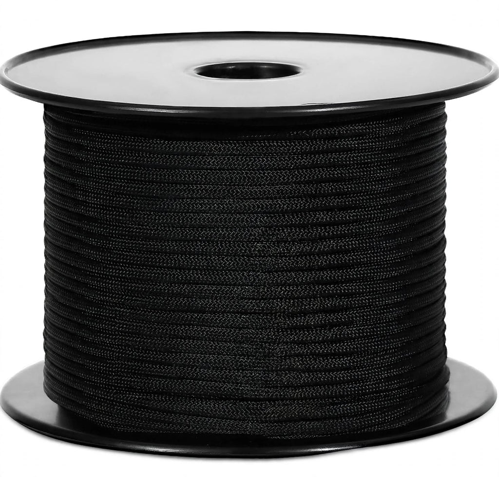 A large spool of black braided cord or rope, photographed on a clean white background.