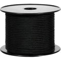 A large spool of black braided cord or rope, photographed on a clean white background.