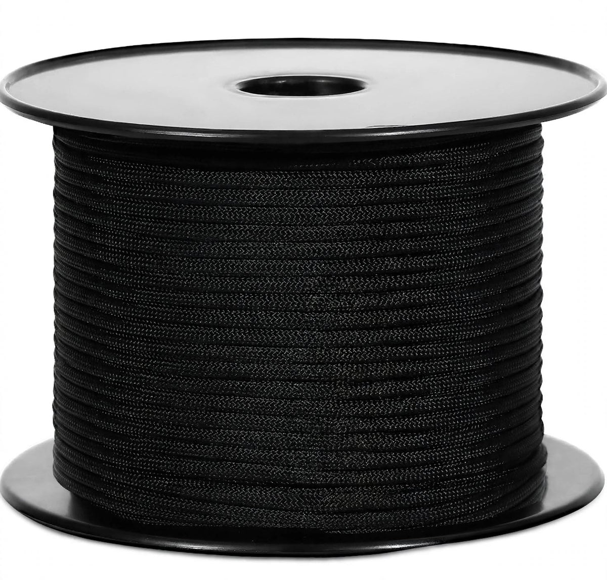 A large spool of black braided cord or rope, photographed on a clean white background.