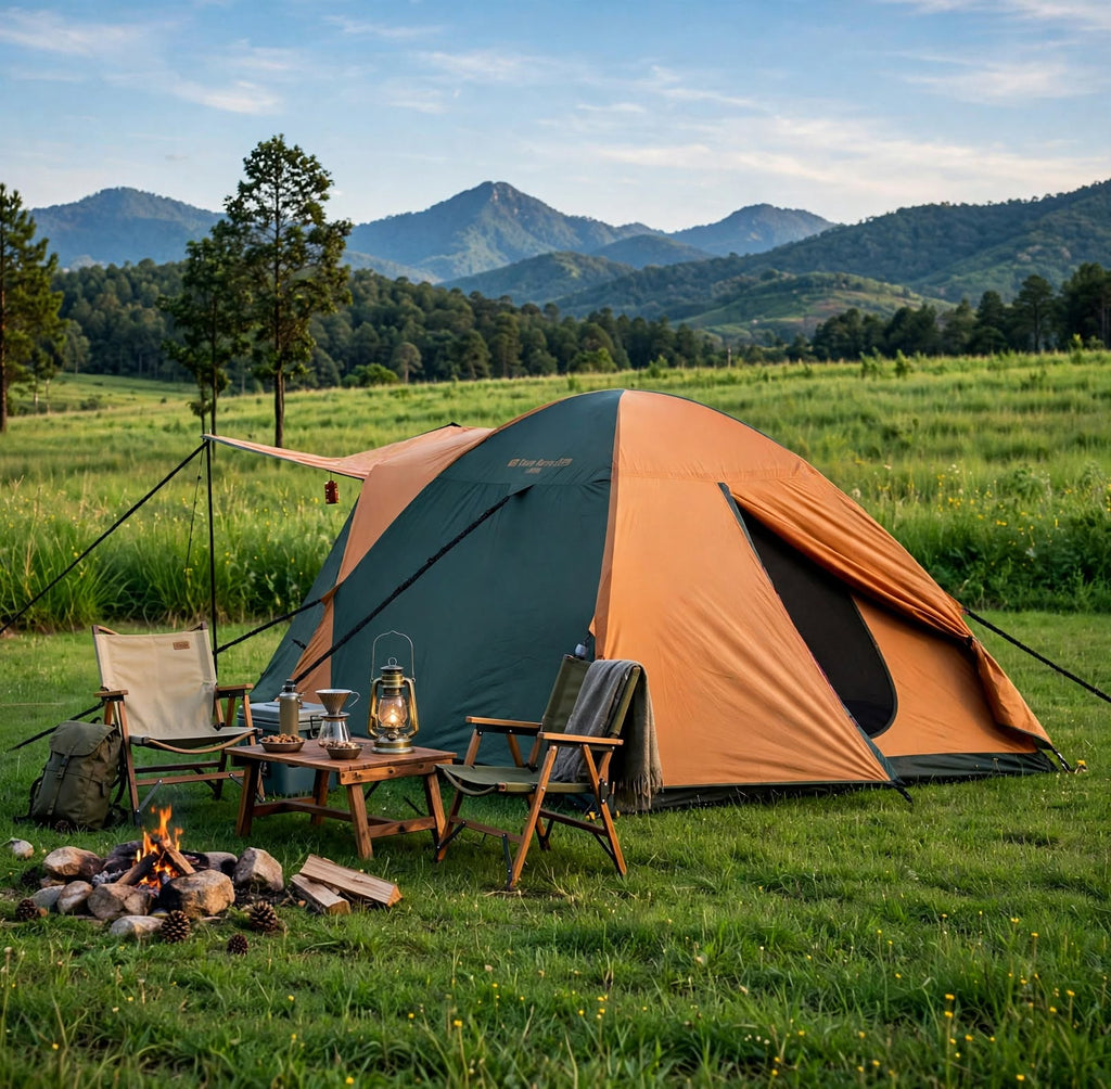 An orange and dark green dome camping tent pitched on a grassy field with mountains in the background. A small camp table, two folding chairs, a lantern, and a fire pit are arranged in front of the tent.