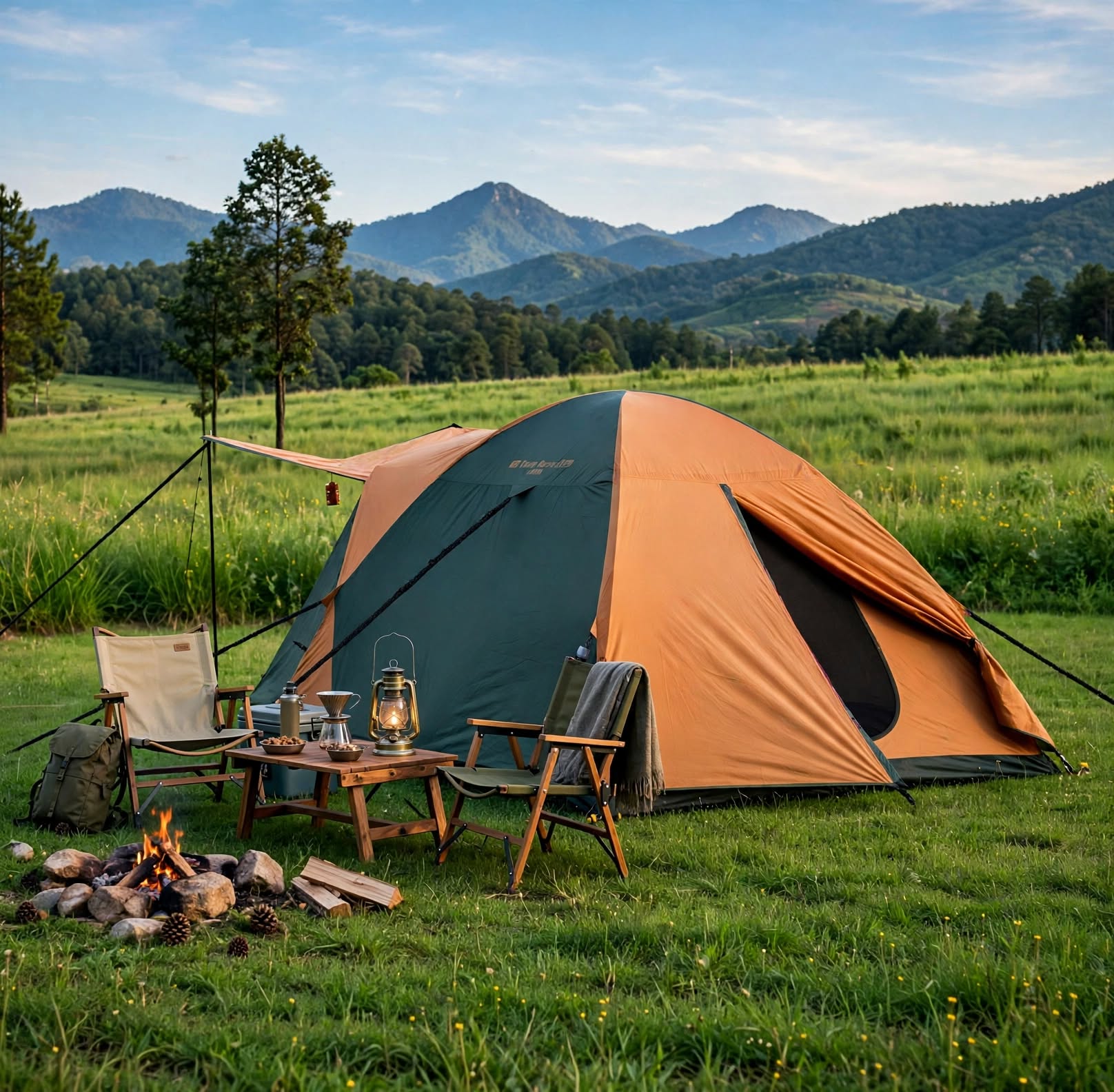 An orange and dark green dome camping tent pitched on a grassy field with mountains in the background. A small camp table, two folding chairs, a lantern, and a fire pit are arranged in front of the tent.
