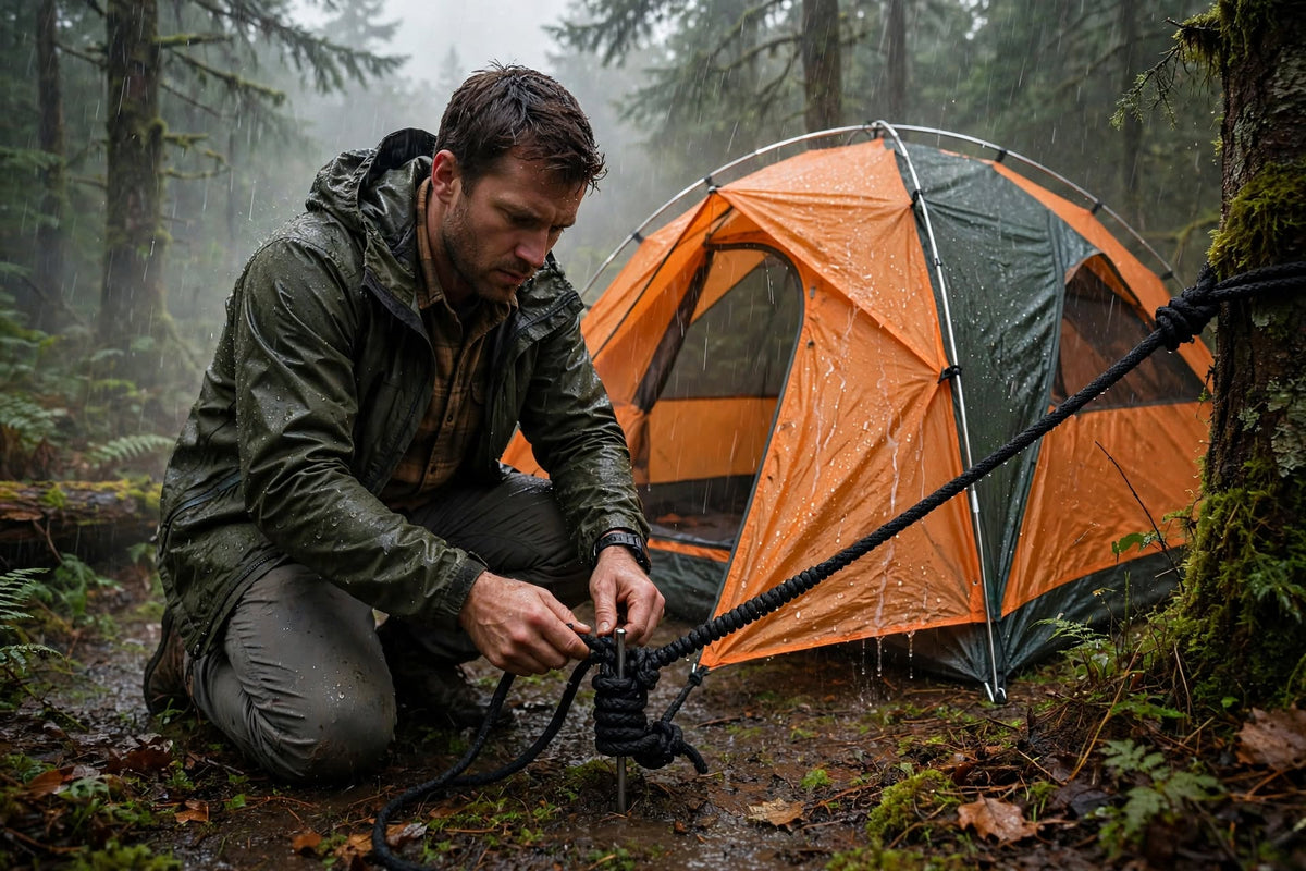 A man in a green rain jacket kneels on a muddy forest ground next to an orange and dark green dome camping tent, securing a black rope to a tree trunk.