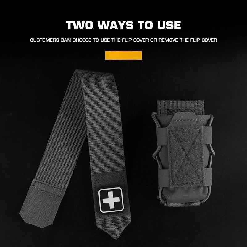 Dark gray tactical medical strap and matching holster pouch shown on a black background with white text reading 'TWO WAYS TO USE' and a small orange highlight bar.