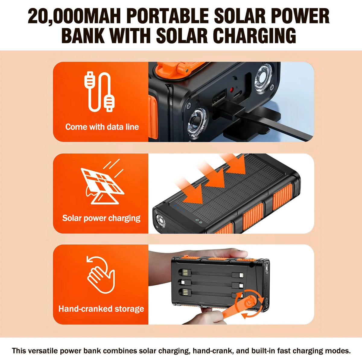 20000mAh Hand Crank Solar Power Bank 20W PD + Dual LED Flashlight