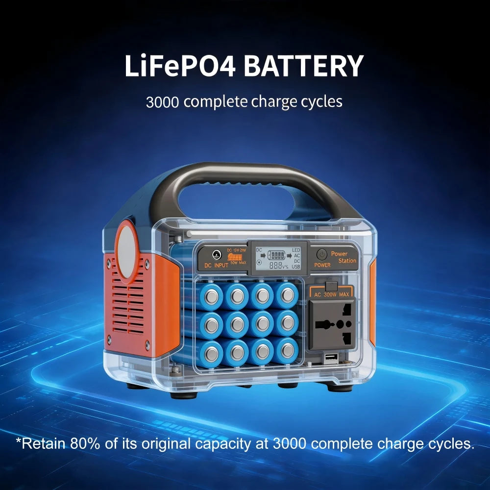 LiFePO4 battery pack with blue and orange design on a dark background
