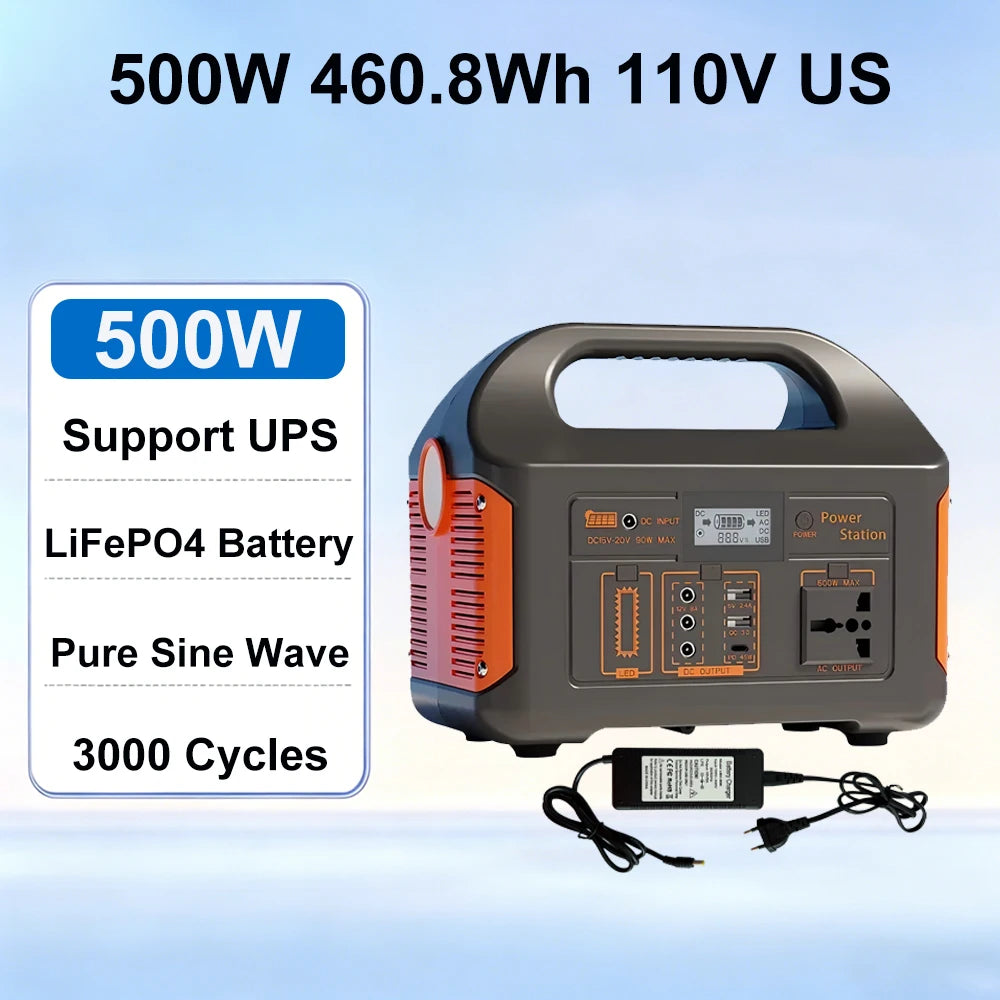 A portable 500W 110V US power station with an attached power adapter, shown on a light blue gradient background with text highlighting features like UPS support, LiFePO4 battery, pure sine wave, and 3000 cycles.