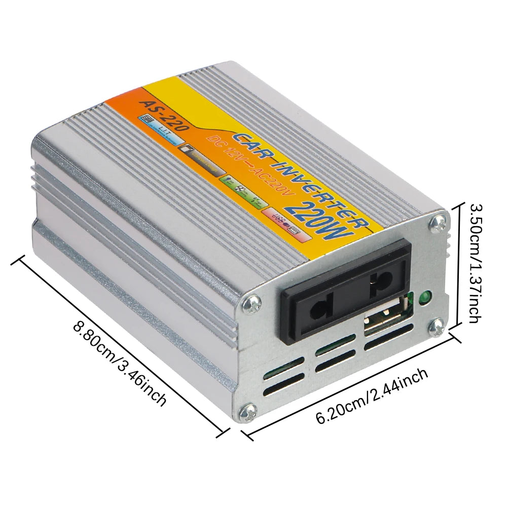 Inverter 12V to 220V 220W – Portable Car Power Adapter with AC Outlet & Multi-Protection