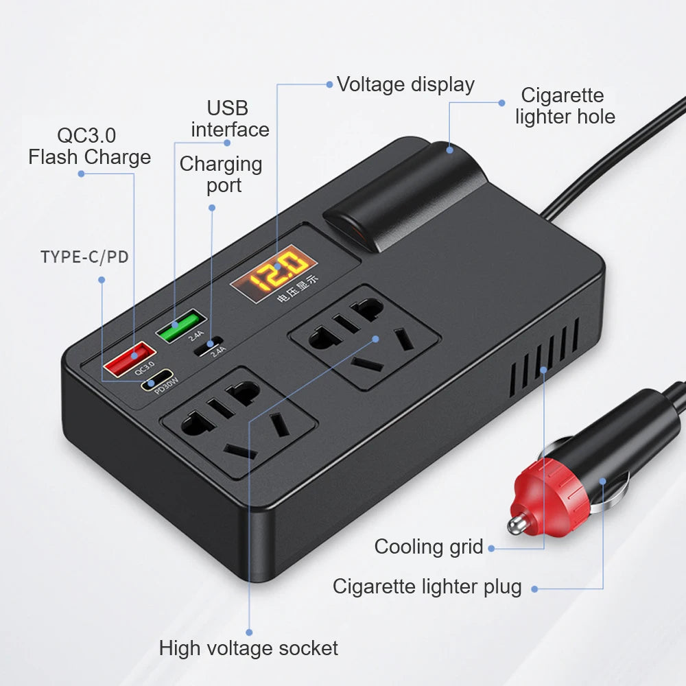 Inverter 12V to 220V 220W – Portable Car Power Adapter with AC Outlet & Multi-Protection