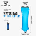 Wrels 3000ml blue collapsible water bag with filter, shown on a light gray background with product dimensions, weight, filtration rate, and a small matching water purifier bottle.