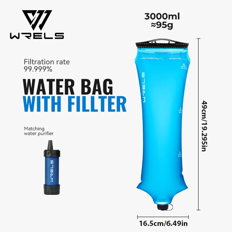 Wrels 3000ml blue collapsible water bag with filter, shown on a light gray background with product dimensions, weight, filtration rate, and a small matching water purifier bottle.