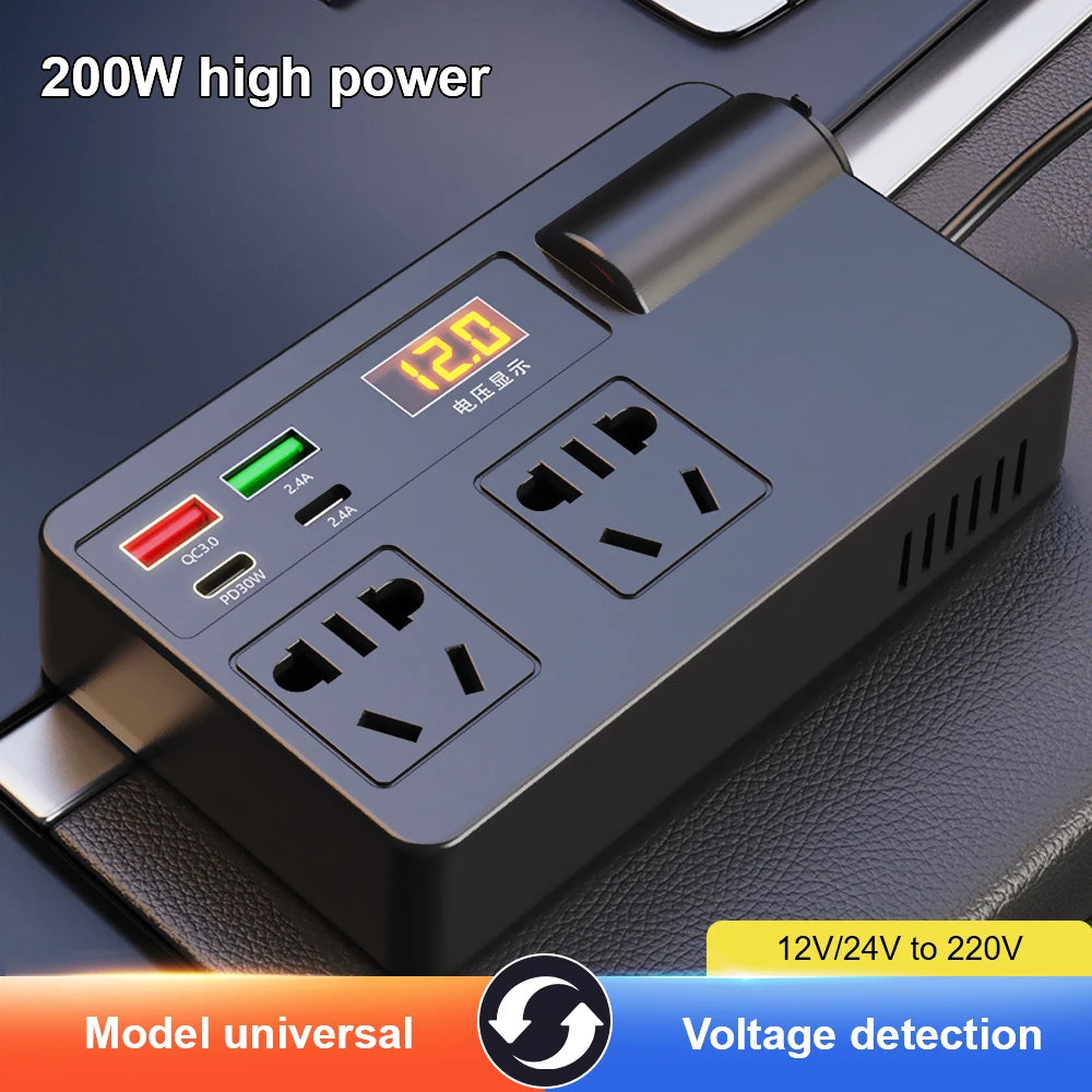 Inverter 12V to 220V 220W – Portable Car Power Adapter with AC Outlet & Multi-Protection