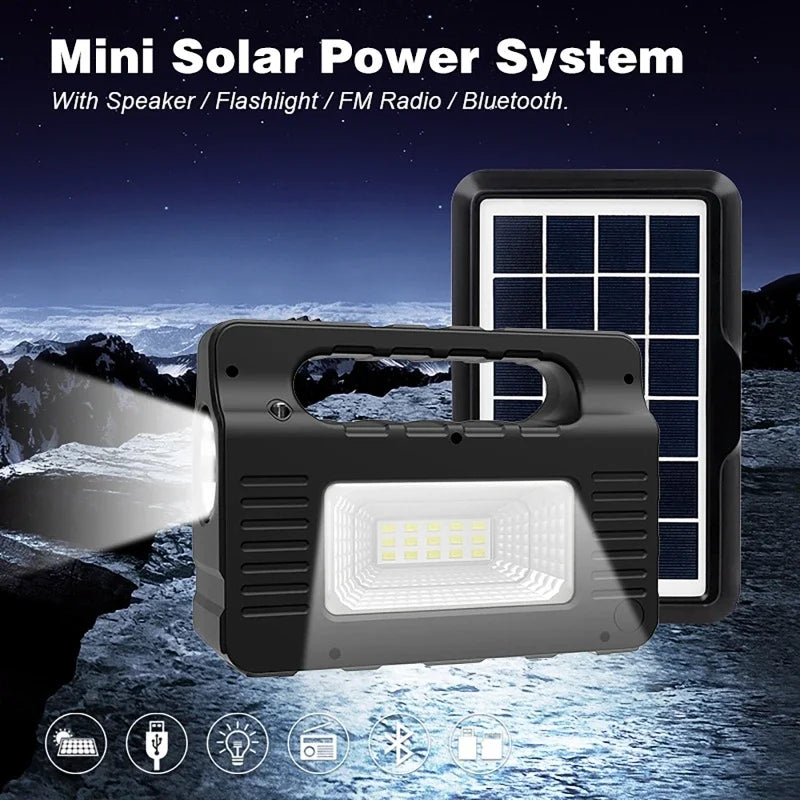 Solar Generator Lighting Kit with Solar Panel, 3 LED Bulbs, FM Radio & Bluetooth Speaker.