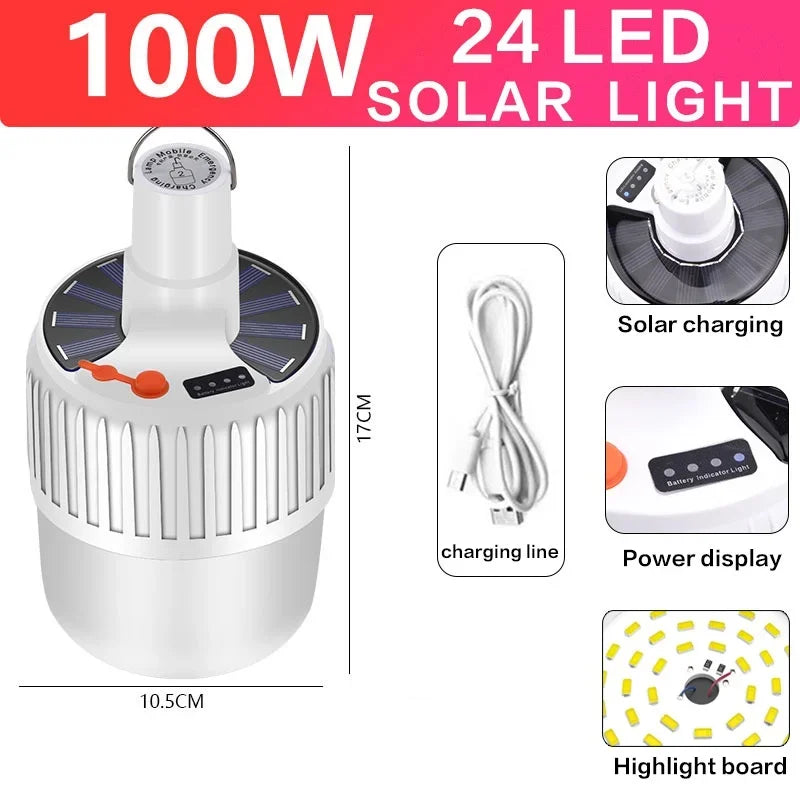 A 100W 24 LED solar light shown on a white background with dimension labels (17CM height, 10.5CM diameter), a charging cable inset, and feature callouts including solar charging, power display, and highlight board.