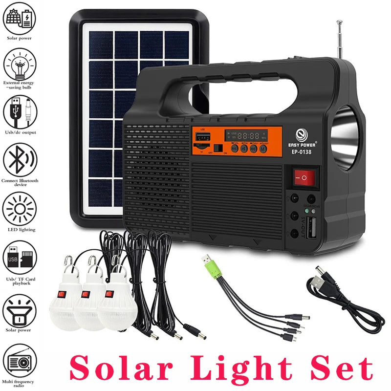 Solar Generator Lighting Kit with Solar Panel, 3 LED Bulbs, FM Radio & Bluetooth Speaker.