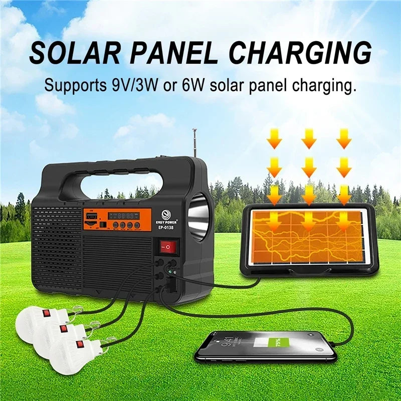 Solar Generator Lighting Kit with Solar Panel, 3 LED Bulbs, FM Radio & Bluetooth Speaker.