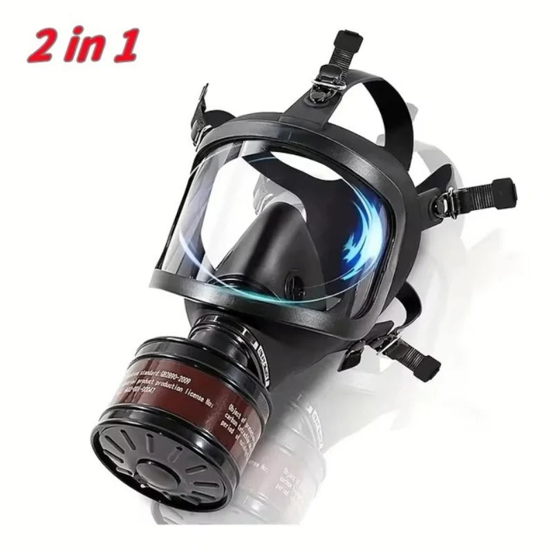 Black full-face gas mask with clear visor on a white background