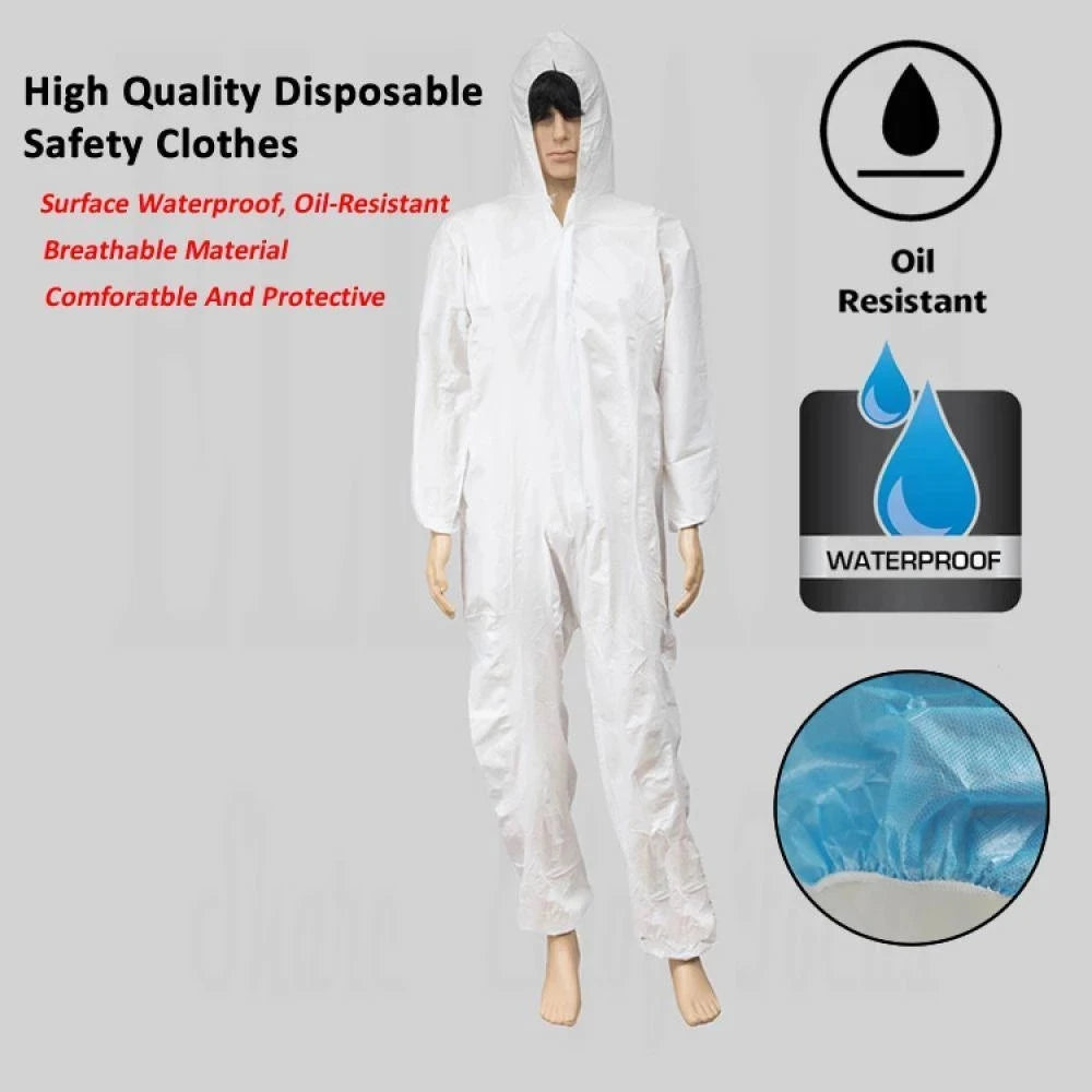 White disposable safety suit with waterproof and oil-resistant features on a gray background
