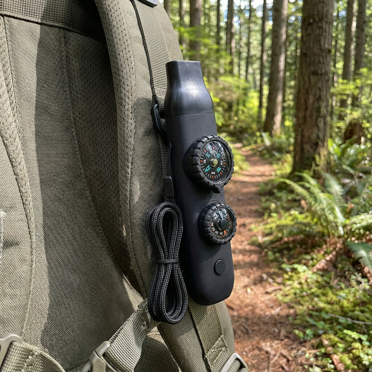 Black compass and lanyard attached to a green backpack in a forest setting
