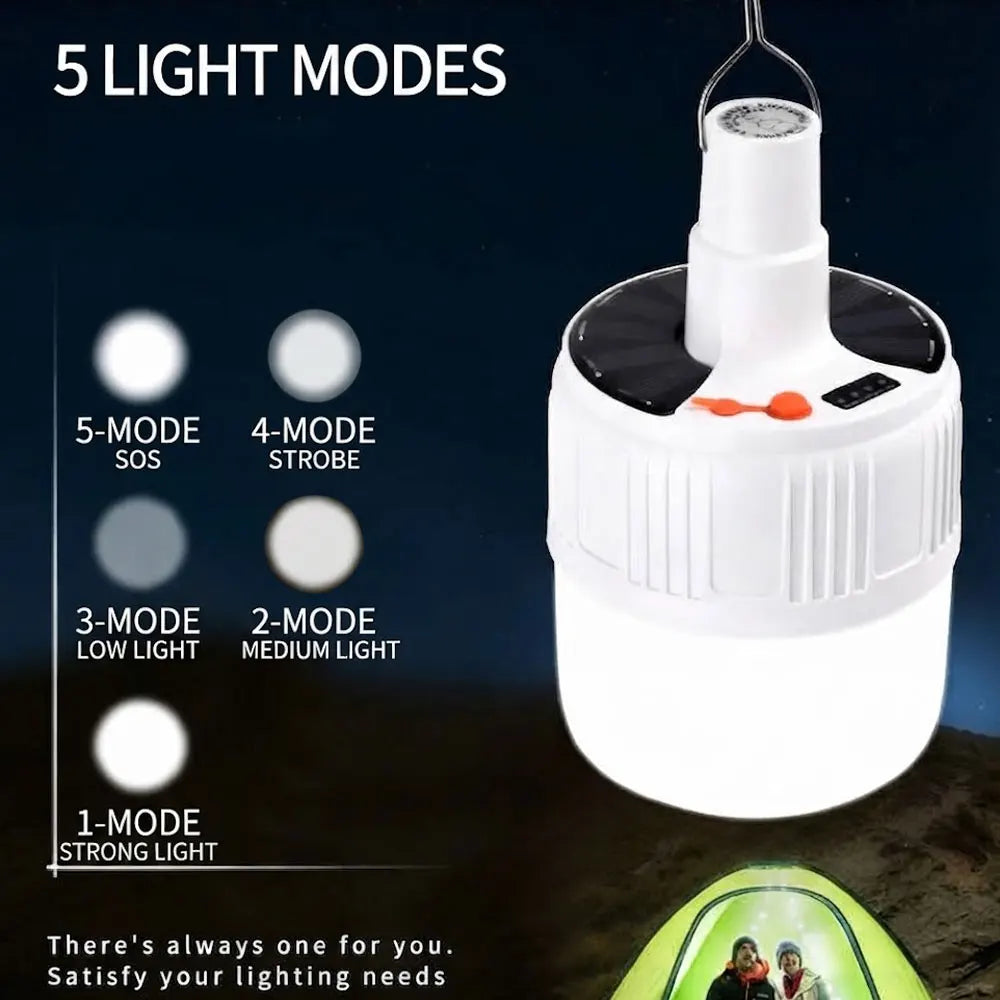 A white camping lantern-style light with a hanging loop and a top control section, shown on a dark outdoor-style background with text explaining five light modes. The left side lists mode names and brightness levels, and a small illuminated view appears at the bottom.