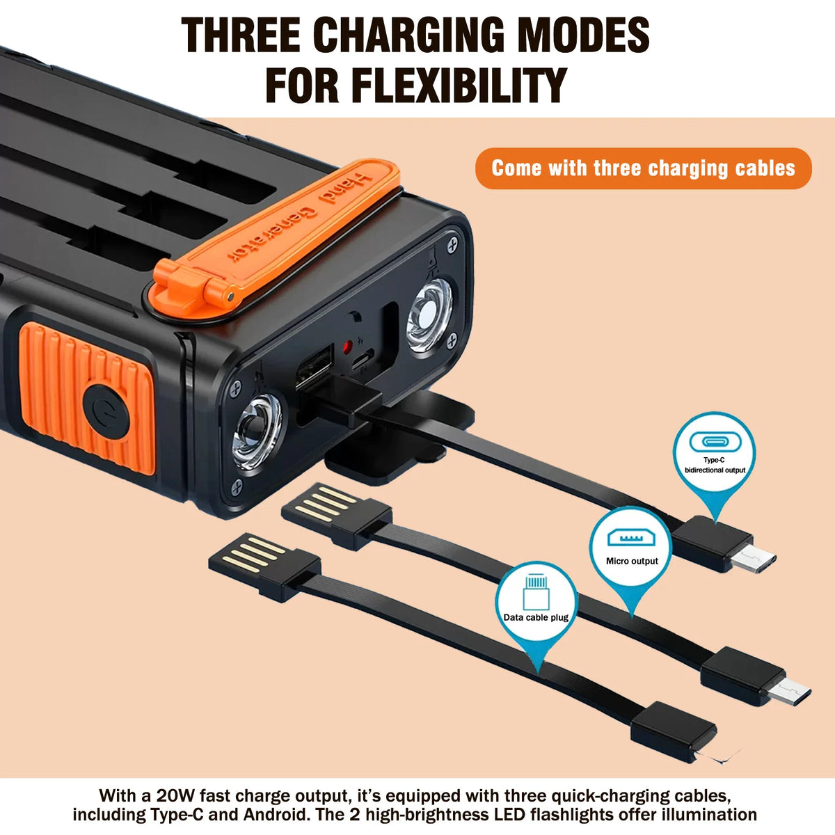 20000mAh Hand Crank Solar Power Bank 20W PD + Dual LED Flashlight