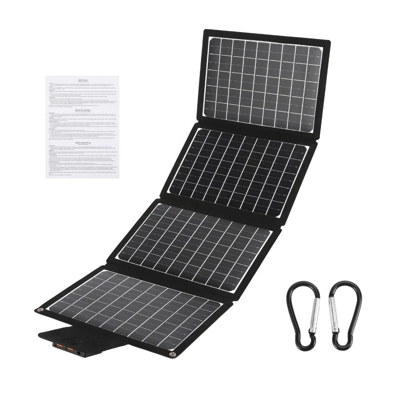 Foldable solar panel with carabiners and paper on a white background