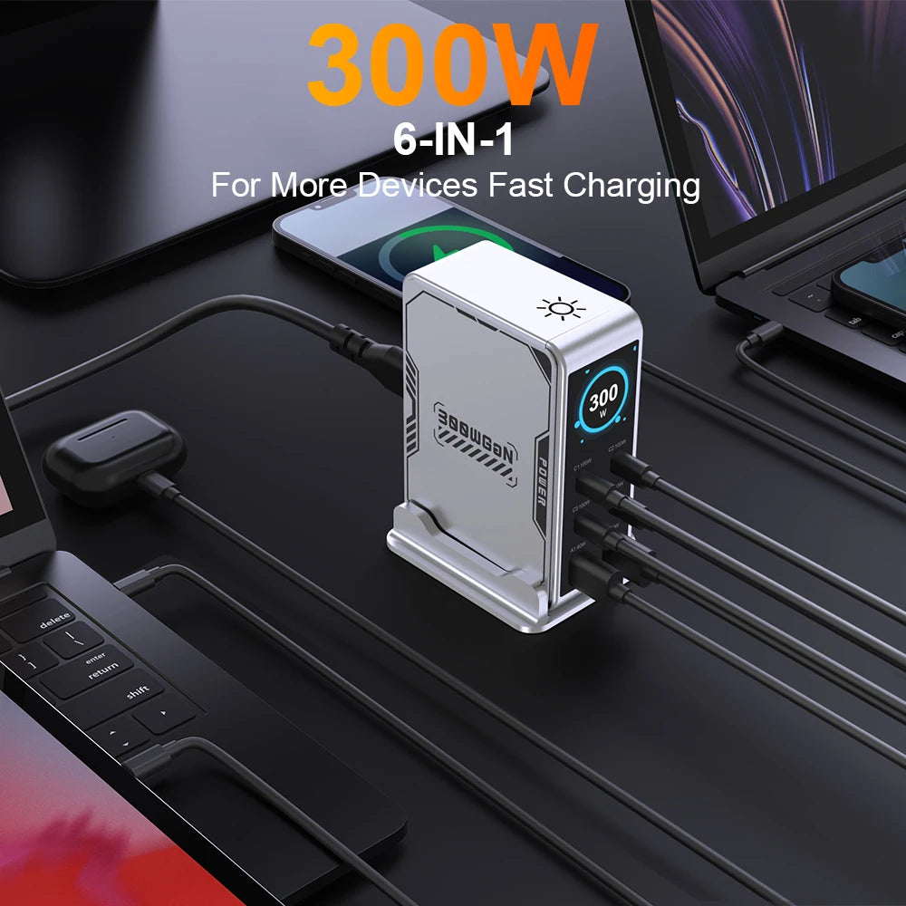 6-in-1 charging station with multiple devices on a dark surface, featuring '300W' text.