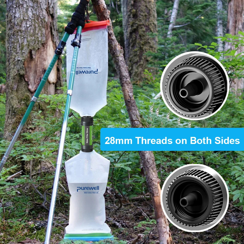 Water filtration system with 'Purewell' branding in a forest setting, showing 28mm thread details.