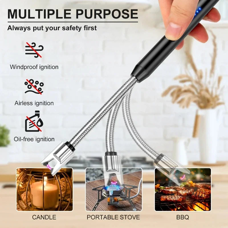 A hand holds a black handheld multi-lighter with three flexible metal tubes and silver nozzles, shown lighting candles, a portable stove, and a grill. The image includes marketing text reading 'MULTIPLE PURPOSE' and feature icons for windproof, airless, and oil-free ignition, with labeled usage examples at the bottom.