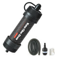 Black water filter straw with hose and connectors on a white background