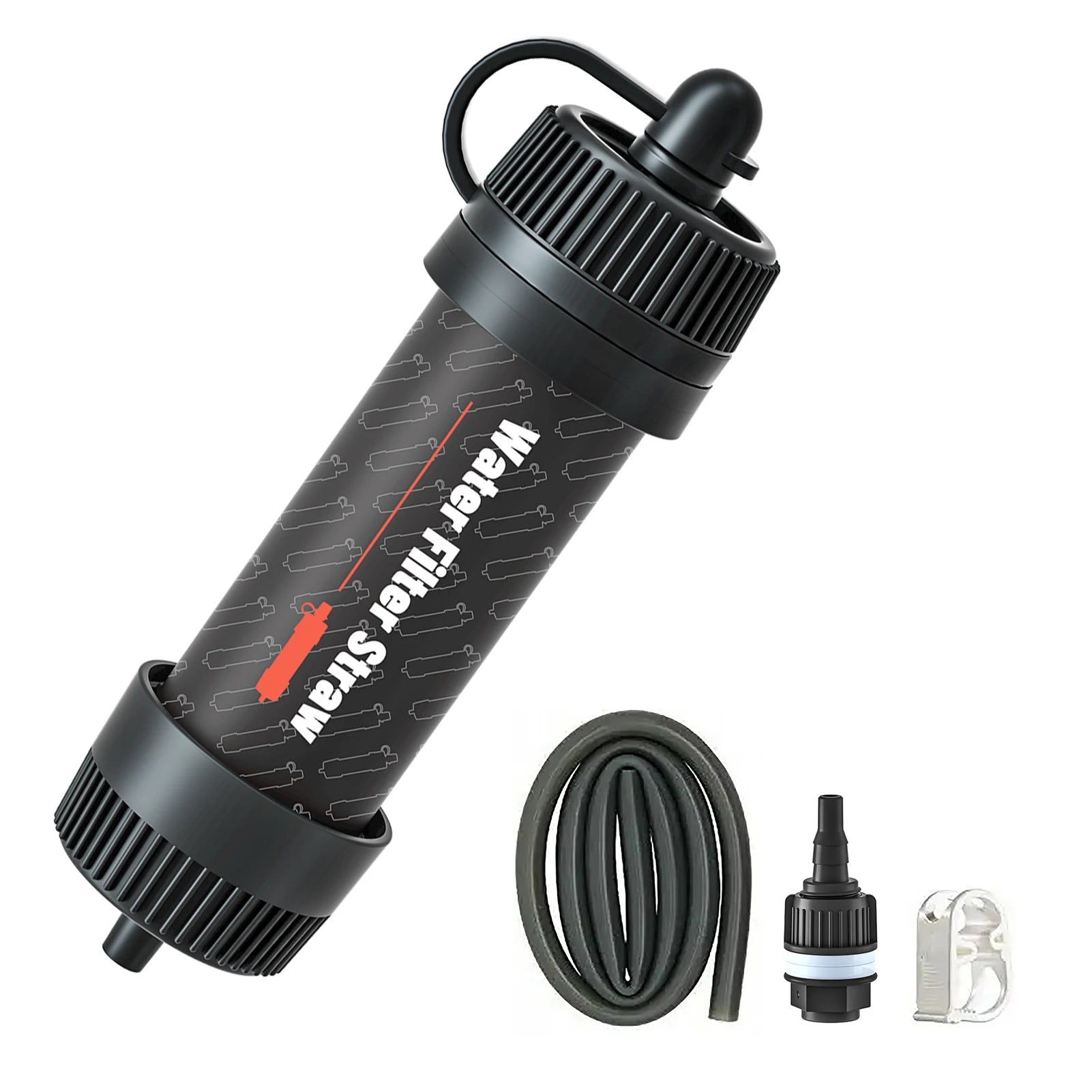 Black water filter straw with hose and connectors on a white background