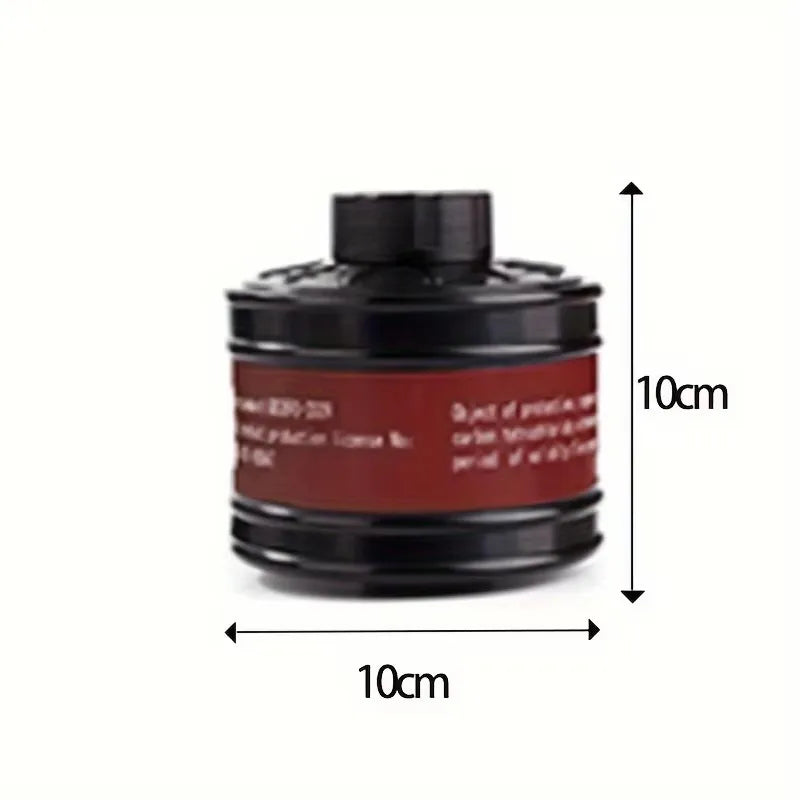 Black cylindrical filter with red label and dimensions on a white background