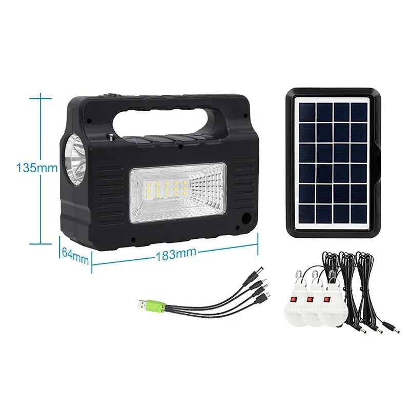Solar Generator Lighting Kit with Solar Panel, 3 LED Bulbs, FM Radio & Bluetooth Speaker.