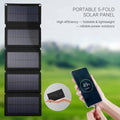 A portable 5-fold solar panel shown in a vertical stack on the left, with text on the right reading 'PORTABLE 5-FOLD SOLAR PANEL' and a phone being charged in a circular inset showing hands holding the panel.