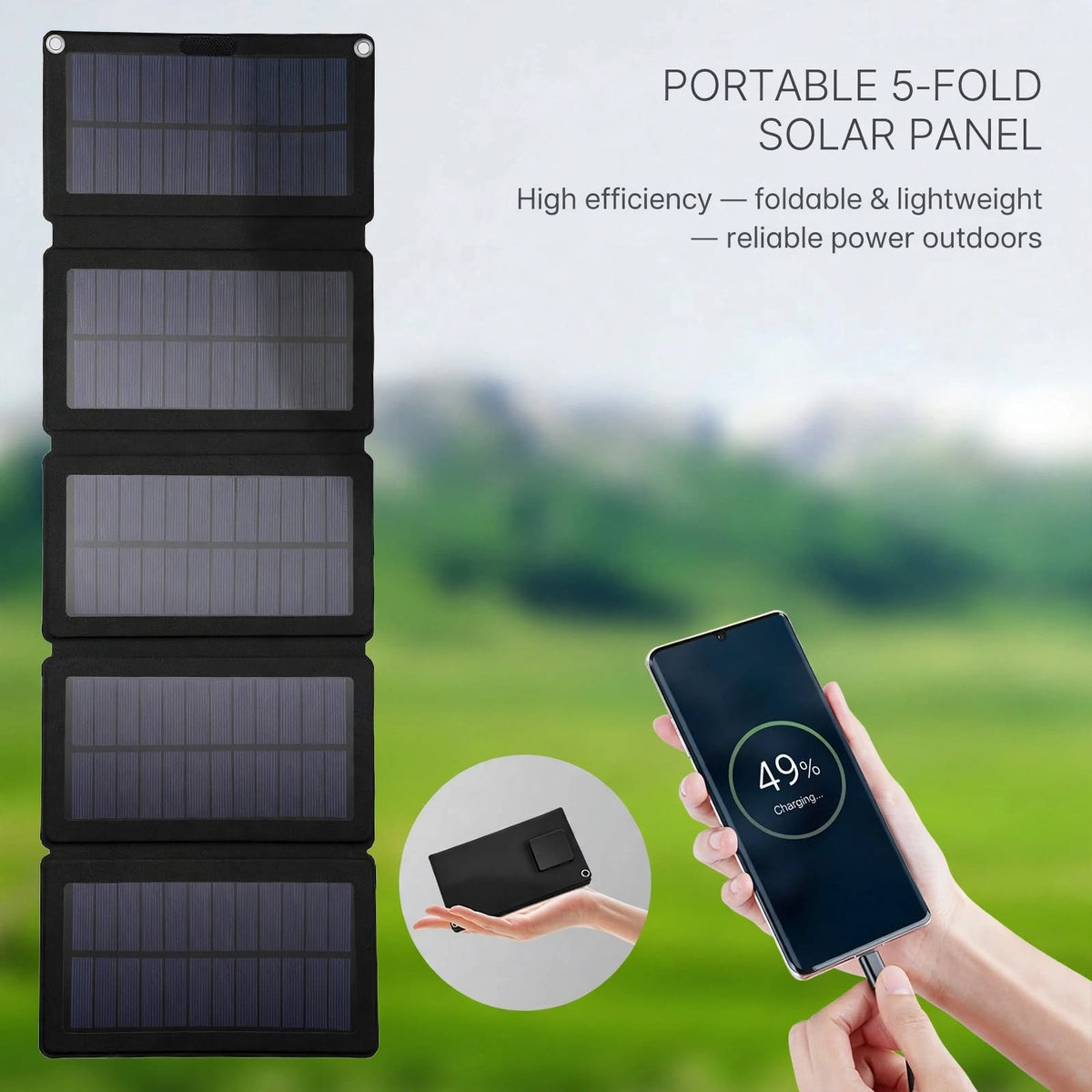 A portable 5-fold solar panel shown in a vertical stack on the left, with text on the right reading 'PORTABLE 5-FOLD SOLAR PANEL' and a phone being charged in a circular inset showing hands holding the panel.